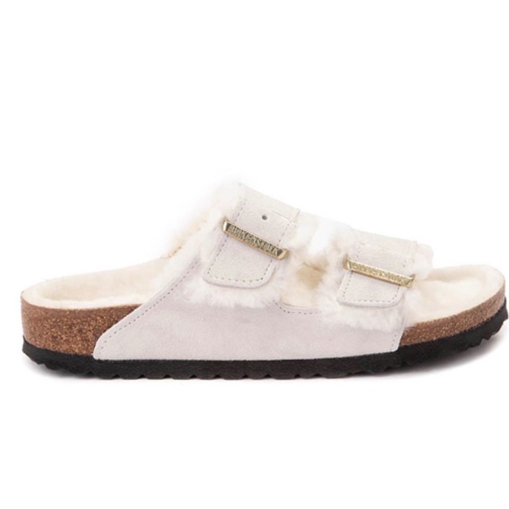 Birkenstock Arizona Shearling sandals antique white fuzzy shearling-lined suede